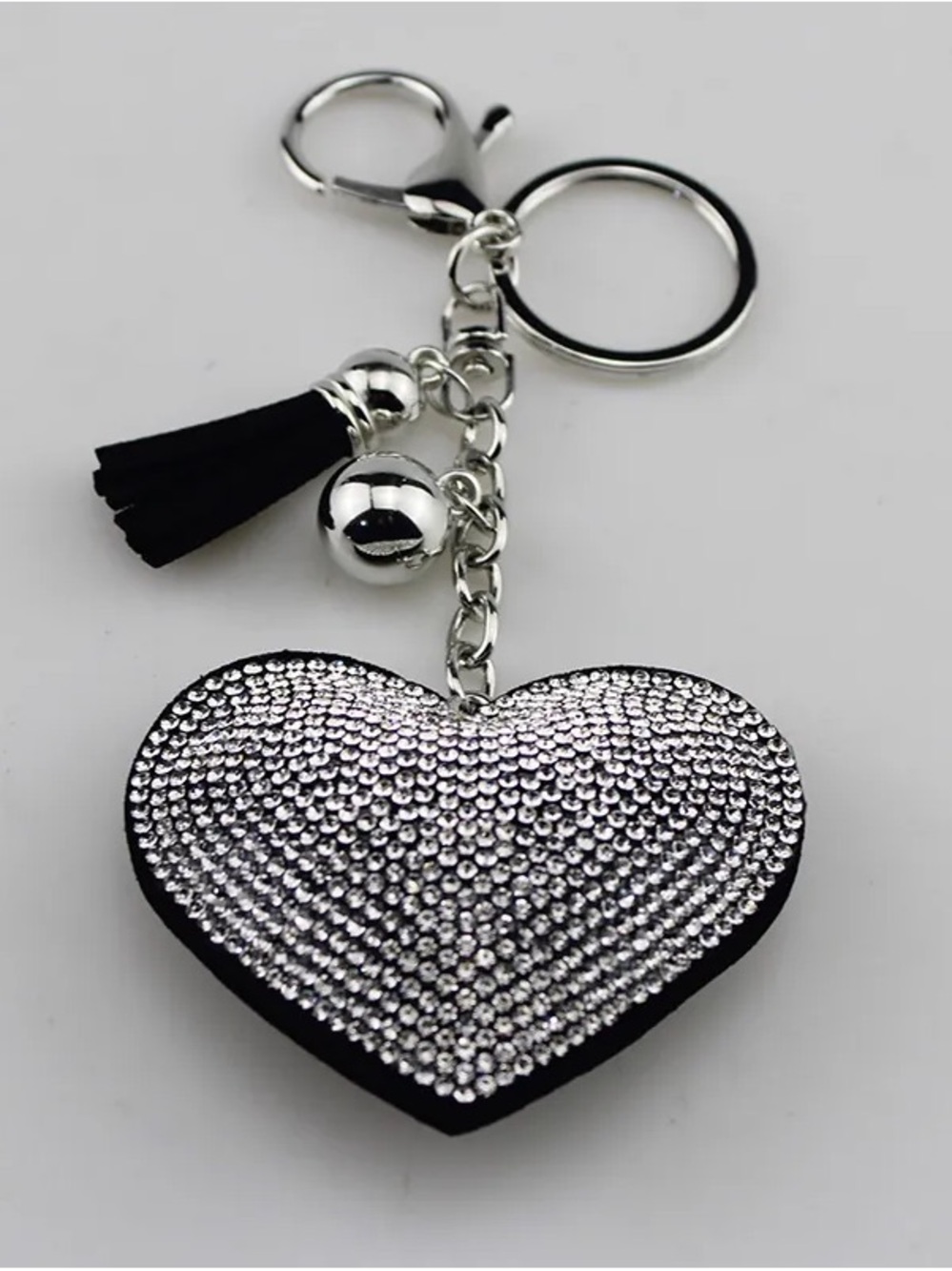 Black Heart Crystal Tassel Keychain - Sparkling Silver Accents